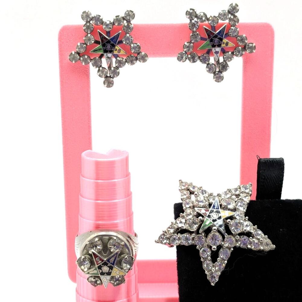 OPA Signed Order of the Eastern Star Rhinestone Earrings Brooch Ring Size 7